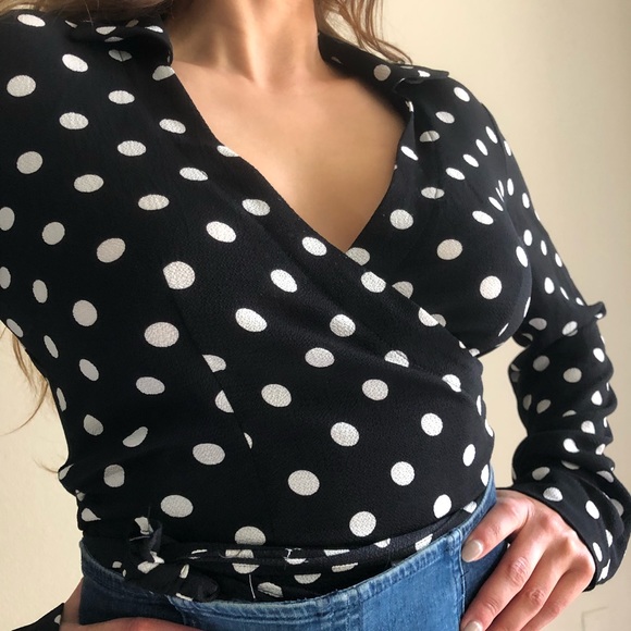 Black and White Polka Dot Wrap Top - Picture 2 of 4